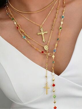 Anthropologie Gold Multi-Layer Cross Necklace with Jewel-Tone Beads